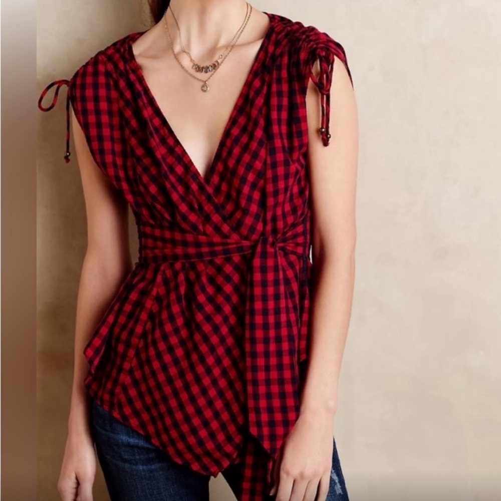 Anthropologie Holding Horses Wrap Shirt Size 4 Red Black Plaid Gingham GUC ARC